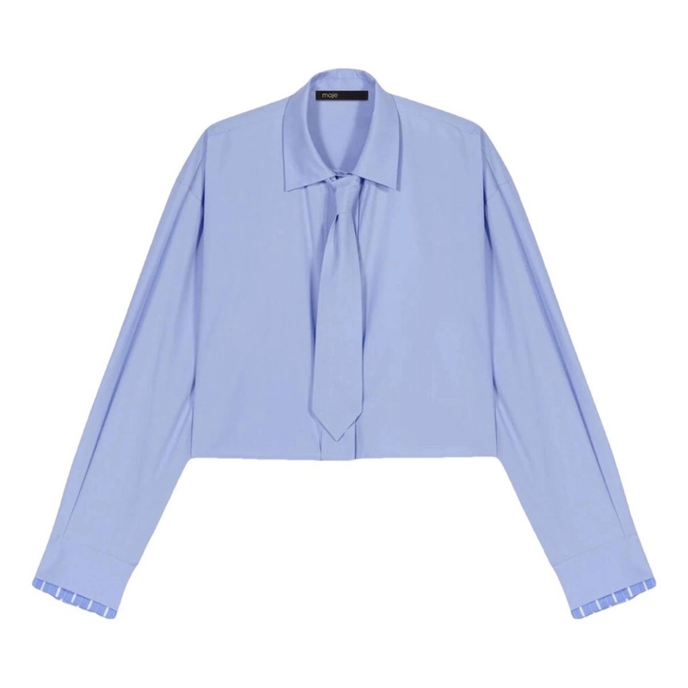 Maje Light Blue Cropped Tie-Neck Button Down Shirt